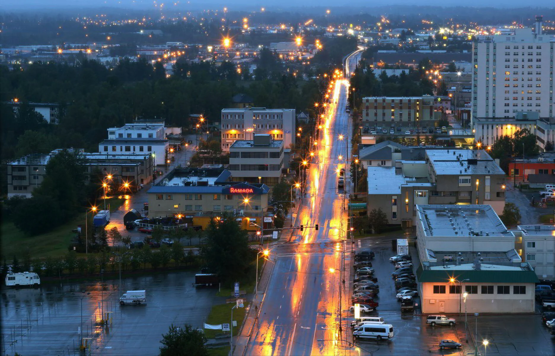Downtown Anchorage street lit up at dusk