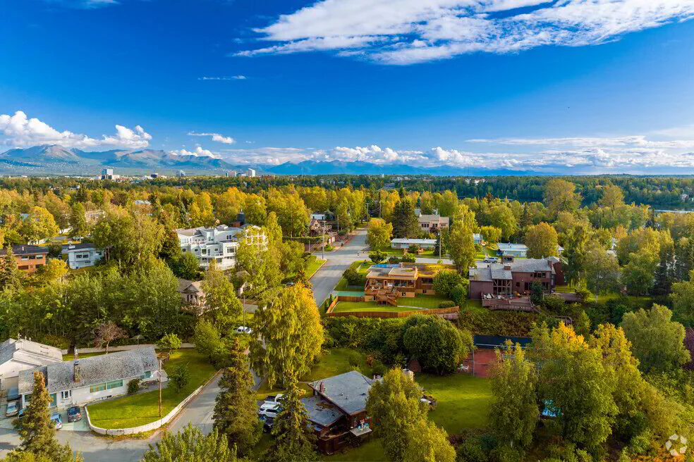 Aerial view of South Anchorage residential neighborhood, newer housing stock from Midtown through the Hillside for JBER families wanting more space.