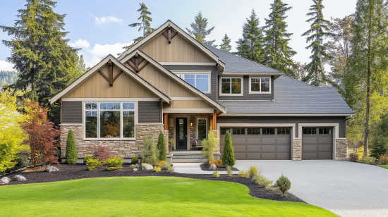 Craftsman style home with a stone entry and a green lawn