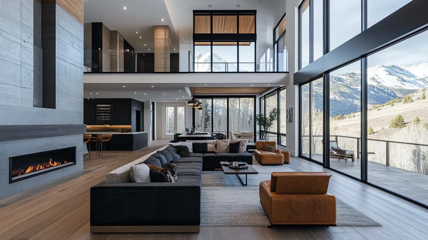 Open modern living room with a two-story wall of windows