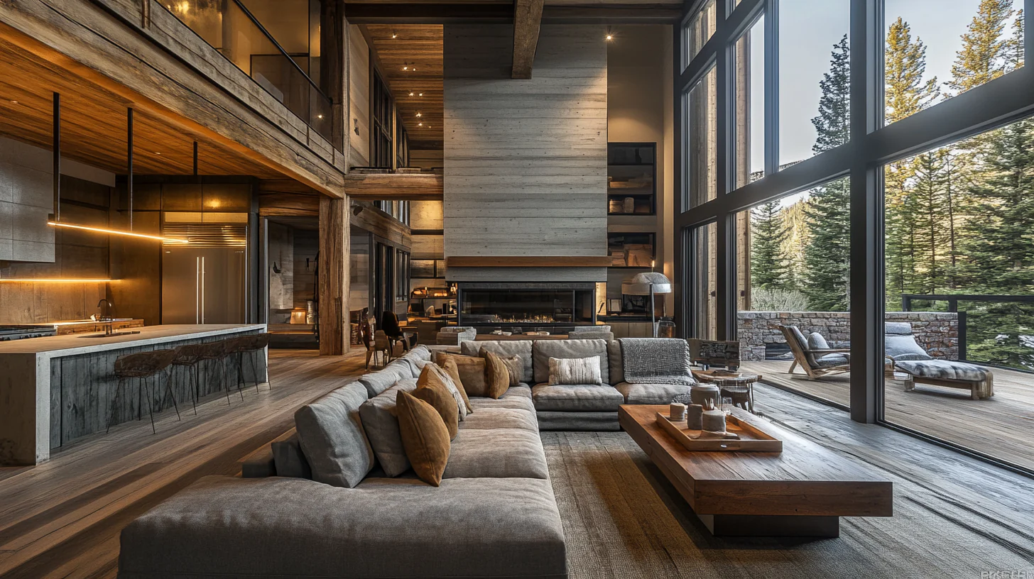 Mountain modern living room with tall windows and a stone fireplace
